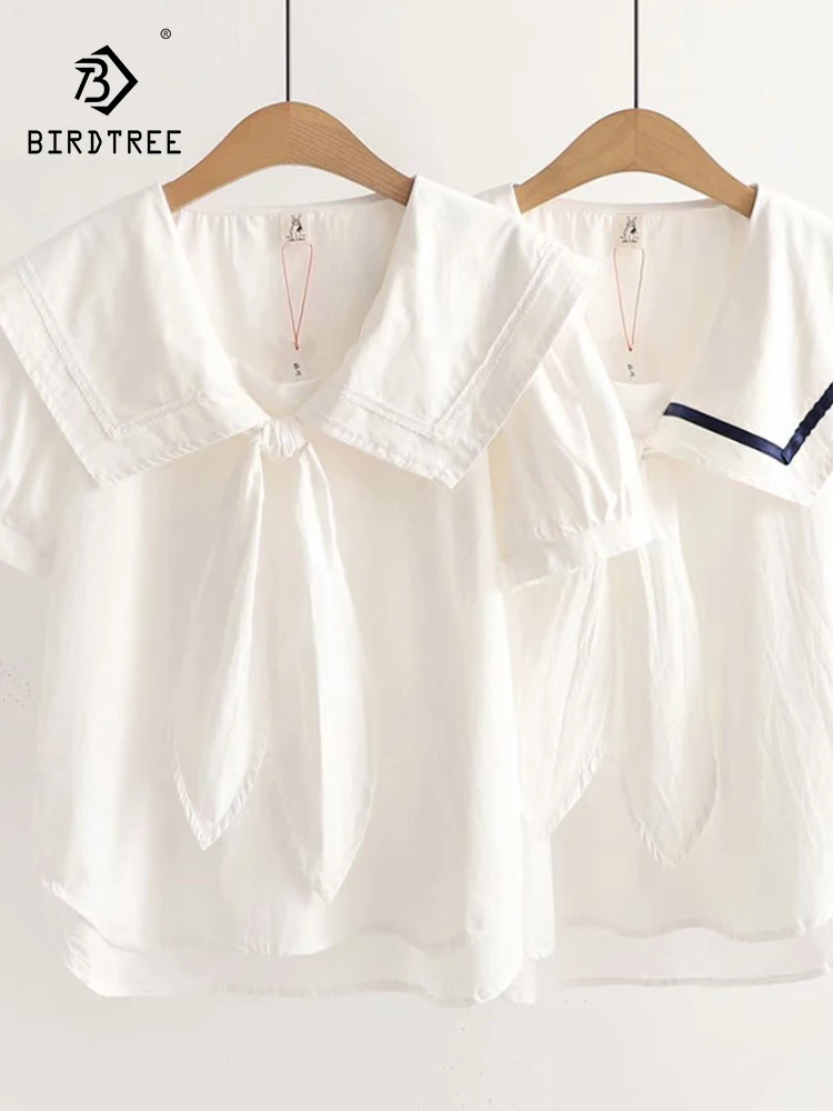 

Новая летняя женская хлопковая рубашка с коротким рукавом 2026 года, с матросским воротником и бантом, в стиле Mori Girl OL, японский преппи-стиль, свободная блузка-кукла T64822CC