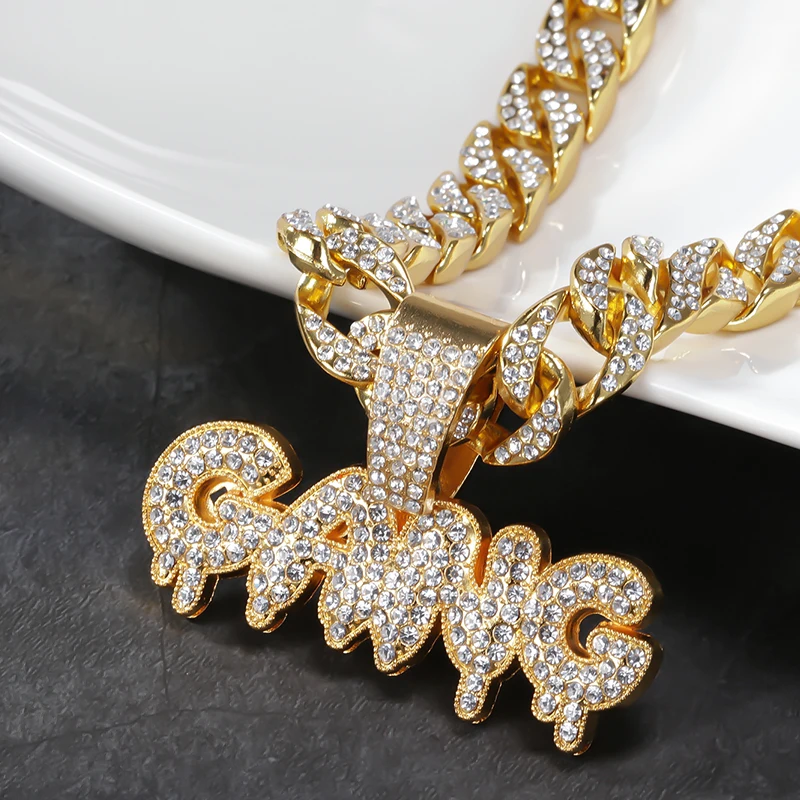 Bling Letter GANG Pendant Necklace, Hip Hop Jewelry For Miami Rapper