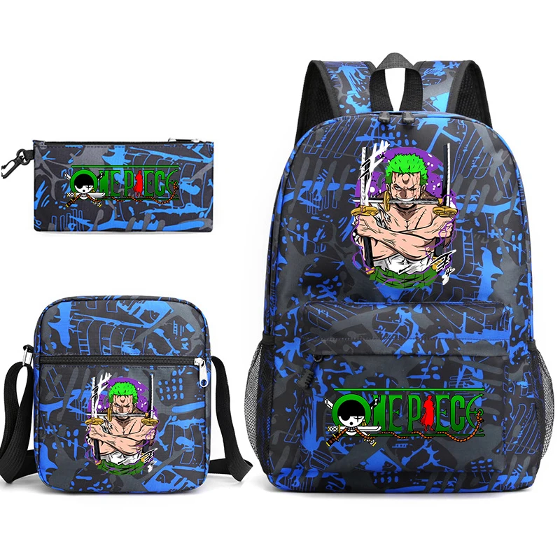 Conjunto de mochila escolar com estampa One Piece Zoro, com bolsa de ombro e estojo para crianças, adolescentes, viagens escolares, leve