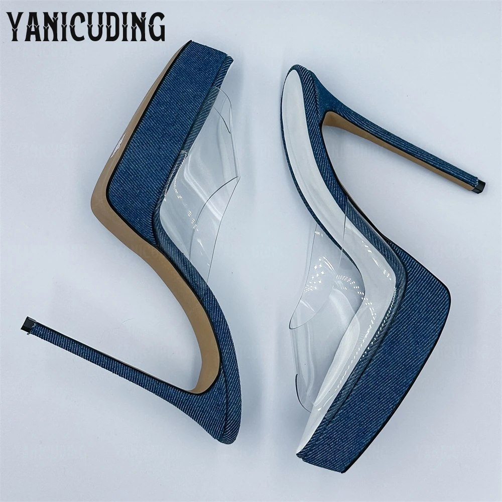 Denim Clear PVC Platform Mules Sexy Pointed Peep Toe Slippers Fashionable Designer Style Handmade Women Summer Stiletto Slippers