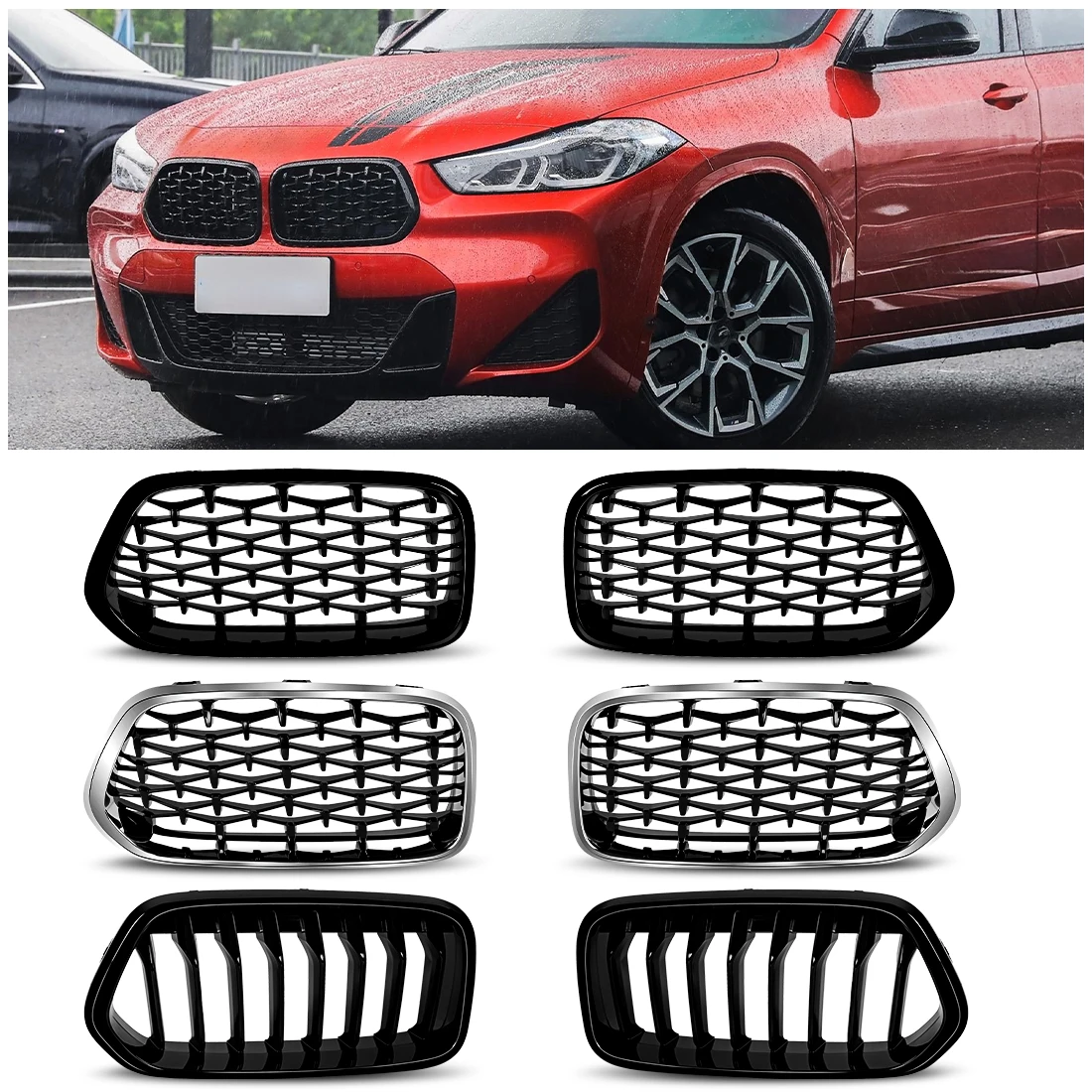 

Front Upper Grilles For BMW X2 F39 18i 18d 20i 20d 25d 25e M35i 2018-2023 Racing Grill Glossy Black Diamonds Style Accessories