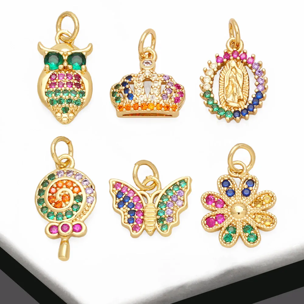 OCESRIO Rainbow Crystal Little Owl Charms for Bracelet Earring Copper Gold Plated Crown Flower Jewelry Making Supplies chma232