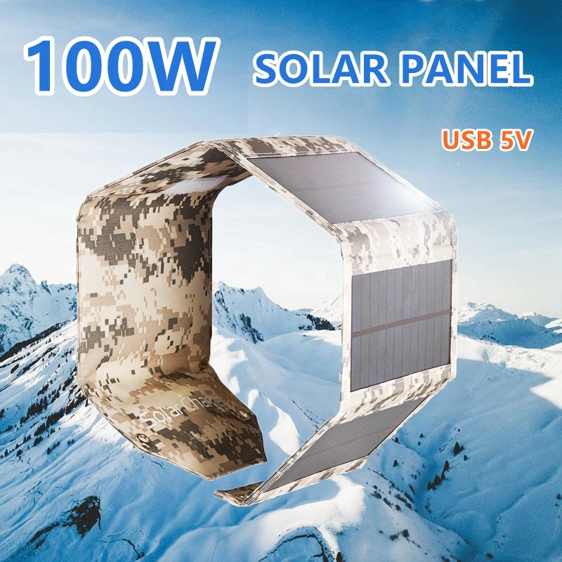 100W Foldable Solar Panel Portable Solar Charger USB 5V Waterproof Solar Cell Outdoor Mobile Power for Camping Hiking with Cable