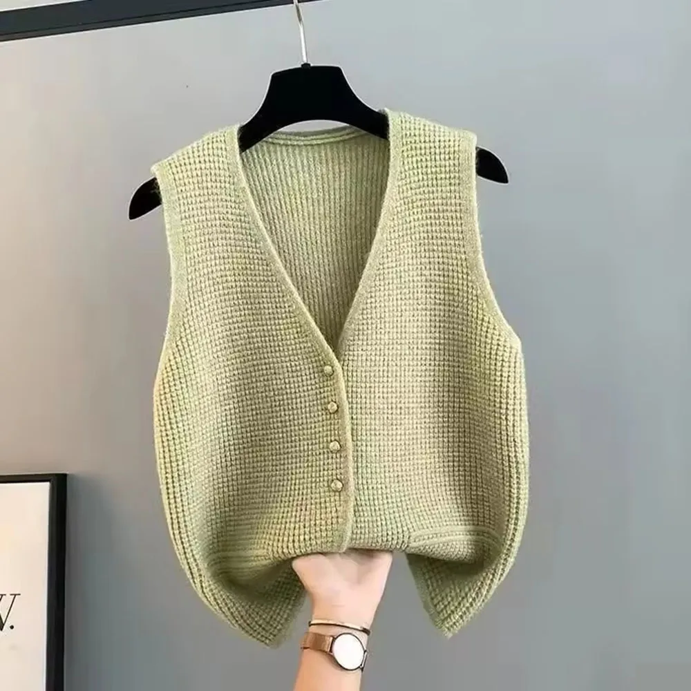

New Autumn Winter Temperament Knitted Vest Jacket Ladies Short V-neck Sleeveless Casual Waistcoat Sweater Women Pullover Tops