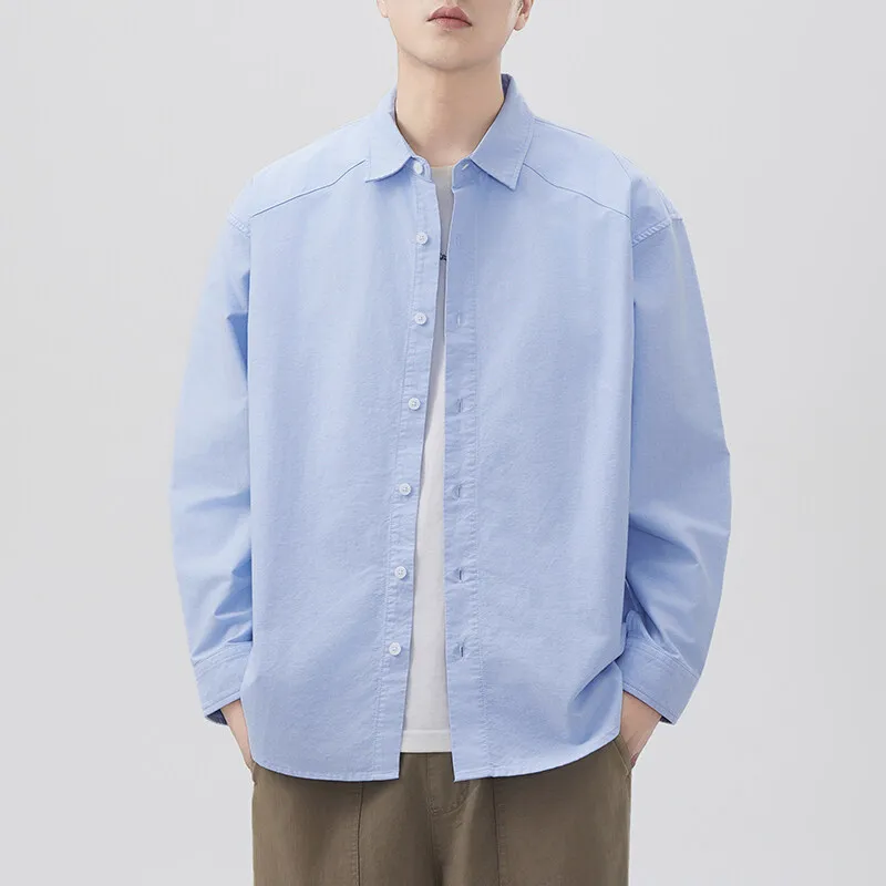 

Japanese Retro Spring Autumn Long Sleeve Shirt Men's Oxford Cotton Solid Color Loose Casual Plus Size Vintage Shirts Blouses