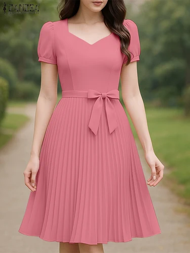 Imagen 2 del producto 2025 ZANZEA vestido de verano para mujer, Vestidos plisados a la moda, elegante vestido veraniego con cuello cuadrado para fiesta y trabajo, Vestidos hasta la rodilla de manga corta