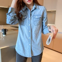 #3104 Spring Denim Shirt Women Slim Fit Casual Office Jeans Shirt Long Sleeve Womens Tops And Blouses Blue Cotton Thin Vintage