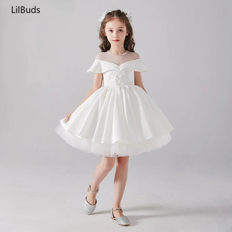 2024 Girls White Dress Weddings Children Pageant Elegant Birthday Party Formal Occasion Flower Luxury Short Evening Gowns Outfit