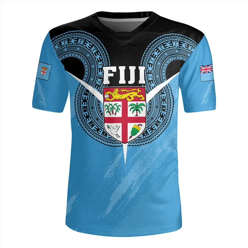 The Republic-of Fiji Flag 3D Printing V Neck T Shirt Fiji Rugby-Jersey Emblem Graphic V neck T Shirts For Men Fashion Tee Shirts