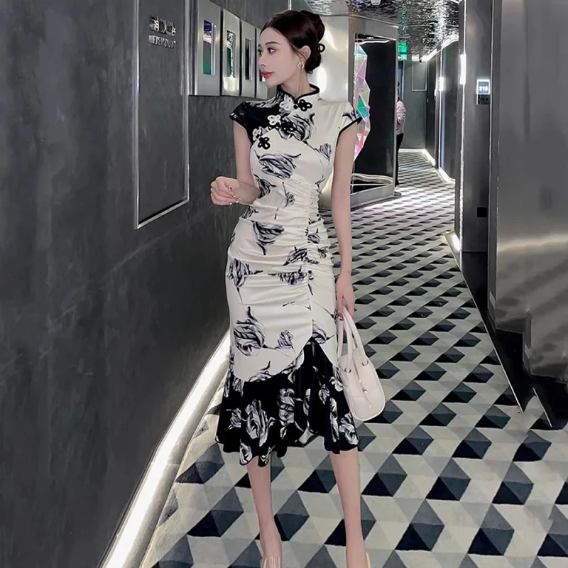 Vestido chino Vintage Sexy sin mangas Mujer Qipao clásico elegante cuello mandarín largo Cheongsam ajustado Split Vestidos Mujer