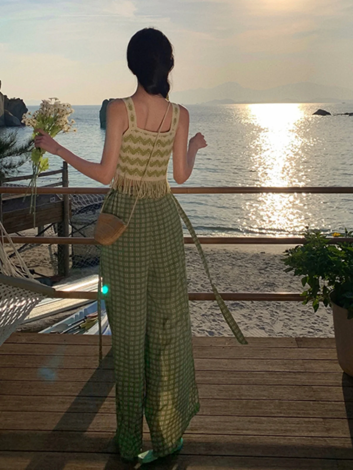 ハイウエストワイドレッグパンツ女性の旅行衣装n Sleシービーチホリデーファイオン非対称ヘムラインシフォンパンツ