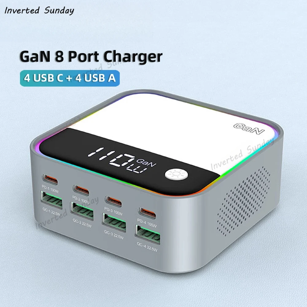 GaN USB C شاحن 8 منفذ شاحن سطح المكتب الإضاءة المحيطة عرض 100 واط PD PPS شاحن سريع لأجهزة الكمبيوتر المحمول آيفون 15 سامسونج