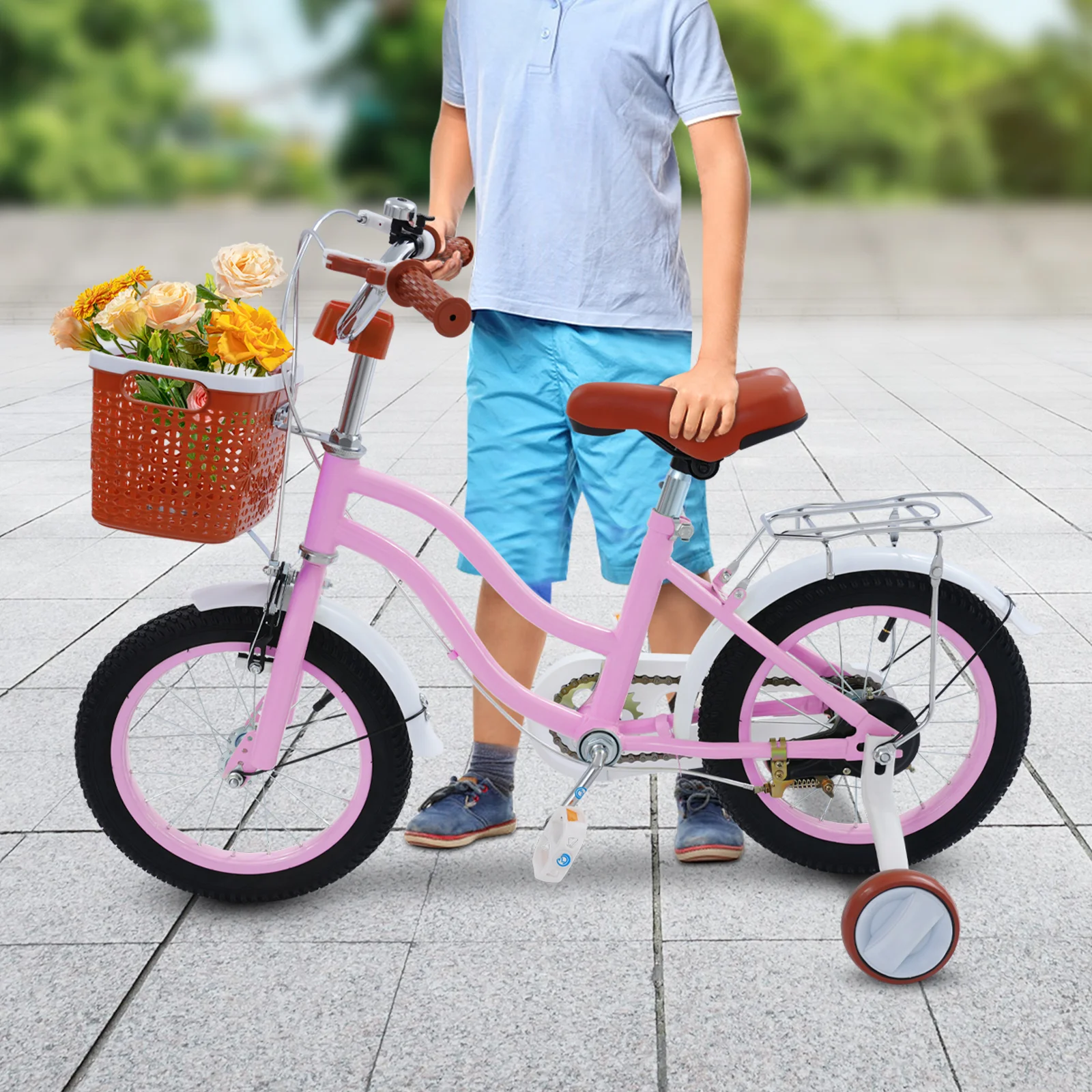 Bicicleta Infantil de 14 Pulgadas, BMX Freestyle con Altura Ajustable para Niños y Niñas de 3 a 6 Años, con Ruedas de Apoyo, Rosa/Beige