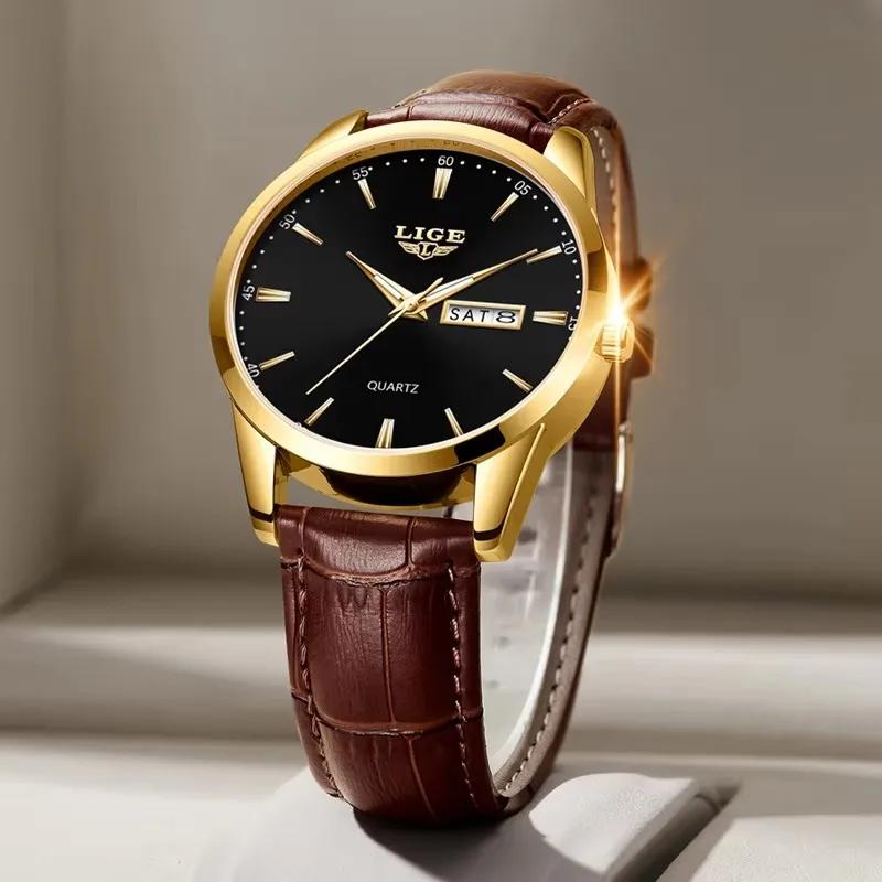 LIGE Orologi alla moda da uomo Orologio al quarzo di lusso delle migliori marche Cinturino in pelle da uomo Orologio da polso da uomo casual da lavoro impermeabile