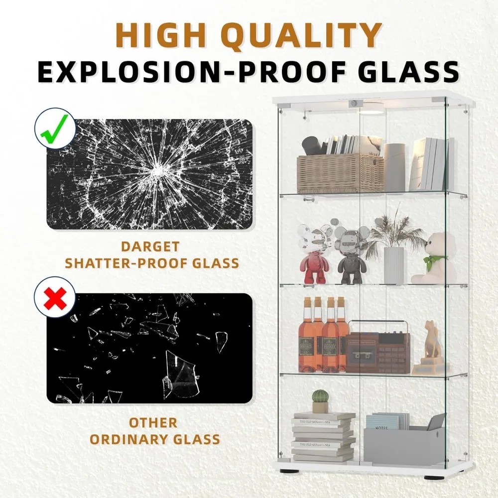LED Illuminated Lockable 4-Shelf 2-Door Glass Display Cabinet with Tempered Glass Floors