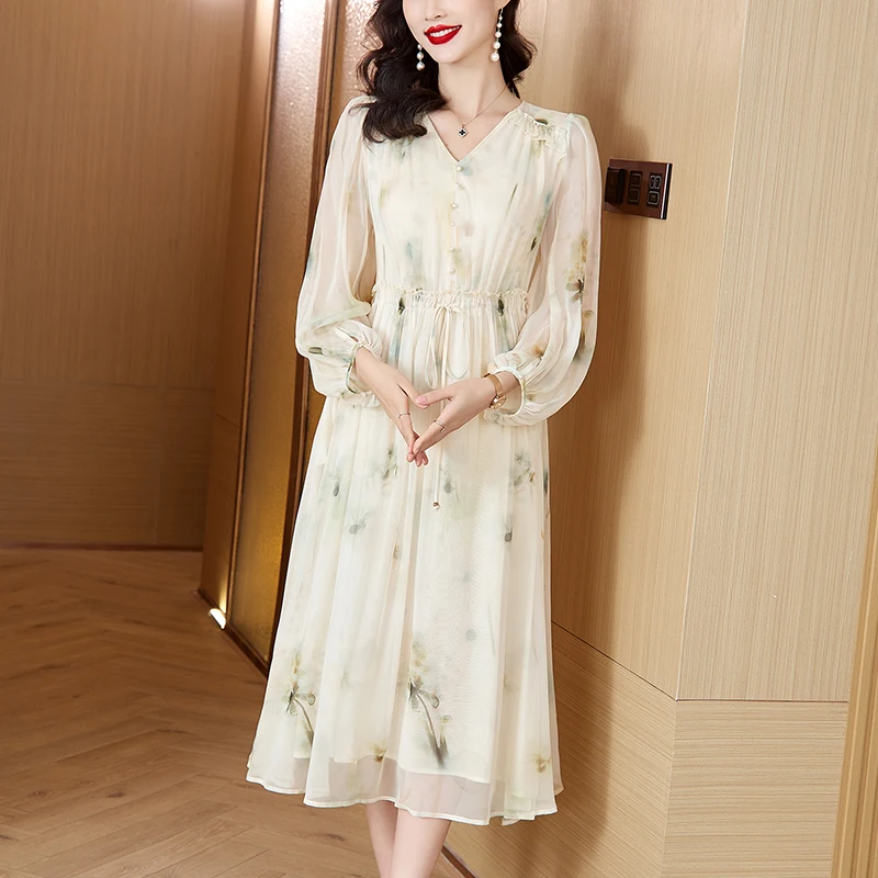 2024 New Women's Mulberry Silk Printed Waist Wrap Dress Large Loose and Tight V-neck Over Knee Dress Casual Elegant Party Dress