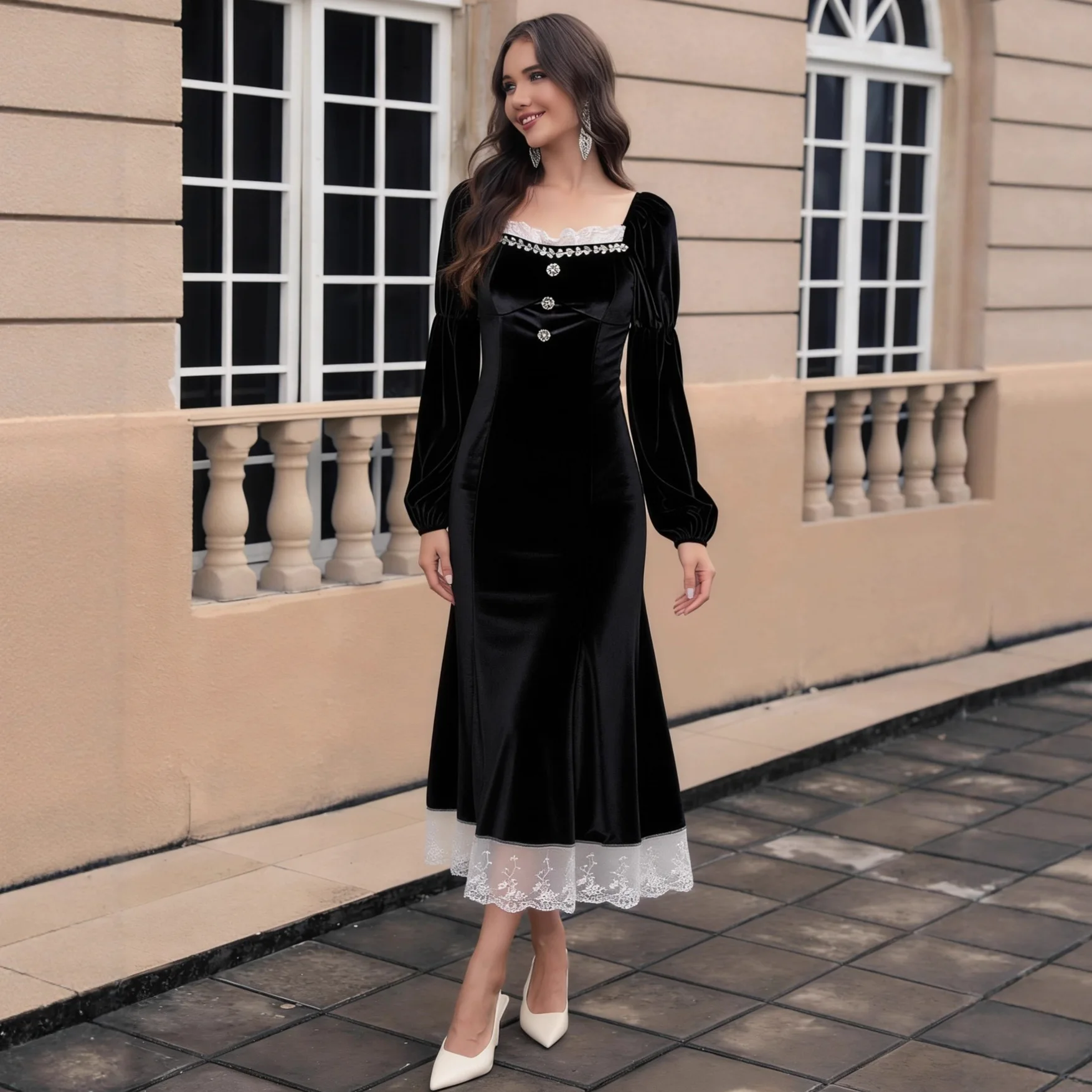 

NEW Women's Autumn Winter Waist-Cinching A- Line Skirt Hepburn Style Fashionable Casual DressElegant Black Velvet Long Dress