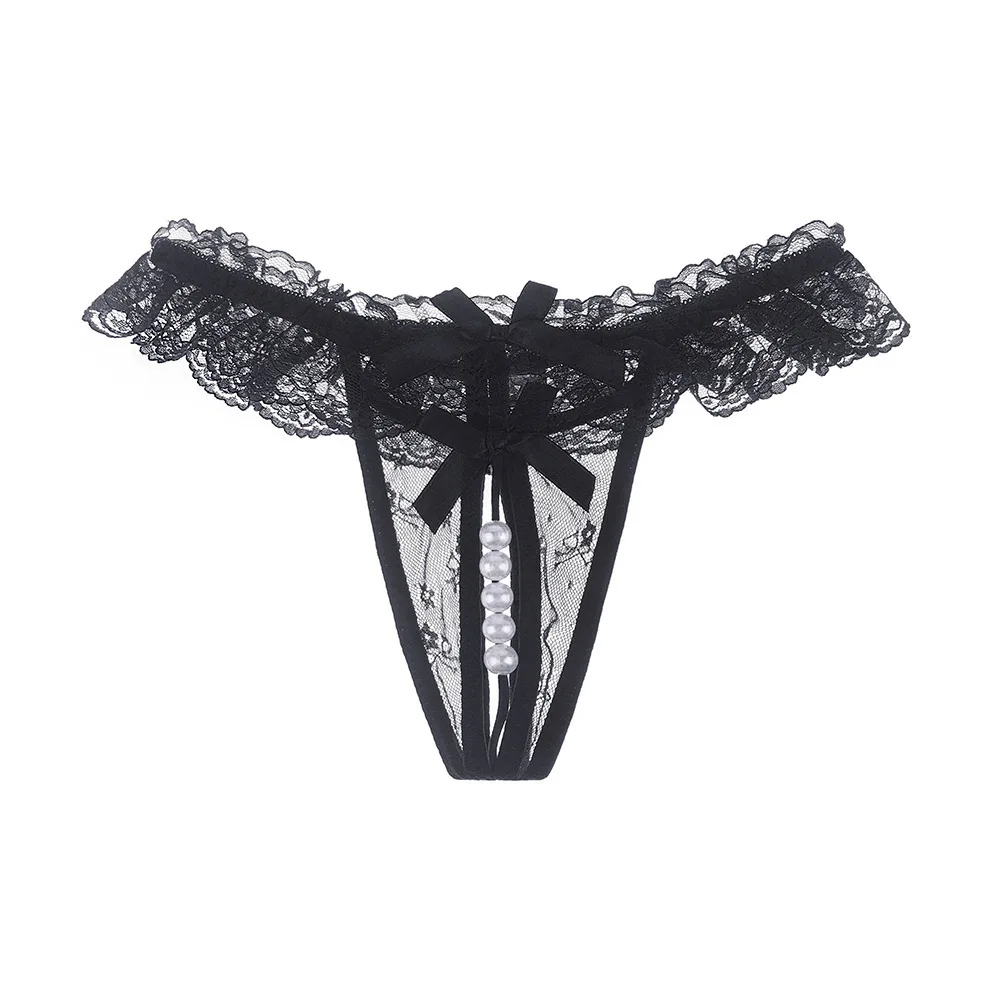 Lace crotch thong pearl sexy underwear women feel transparent hot no-take T pants plus size underwear