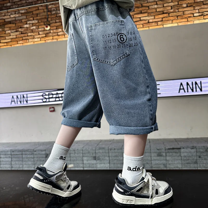 

024 New Teenage Boys Thin Denim Shorts 4-14 Years Summer Fashion Letter Printed Soft Trousers For Kids Children Casual Pants