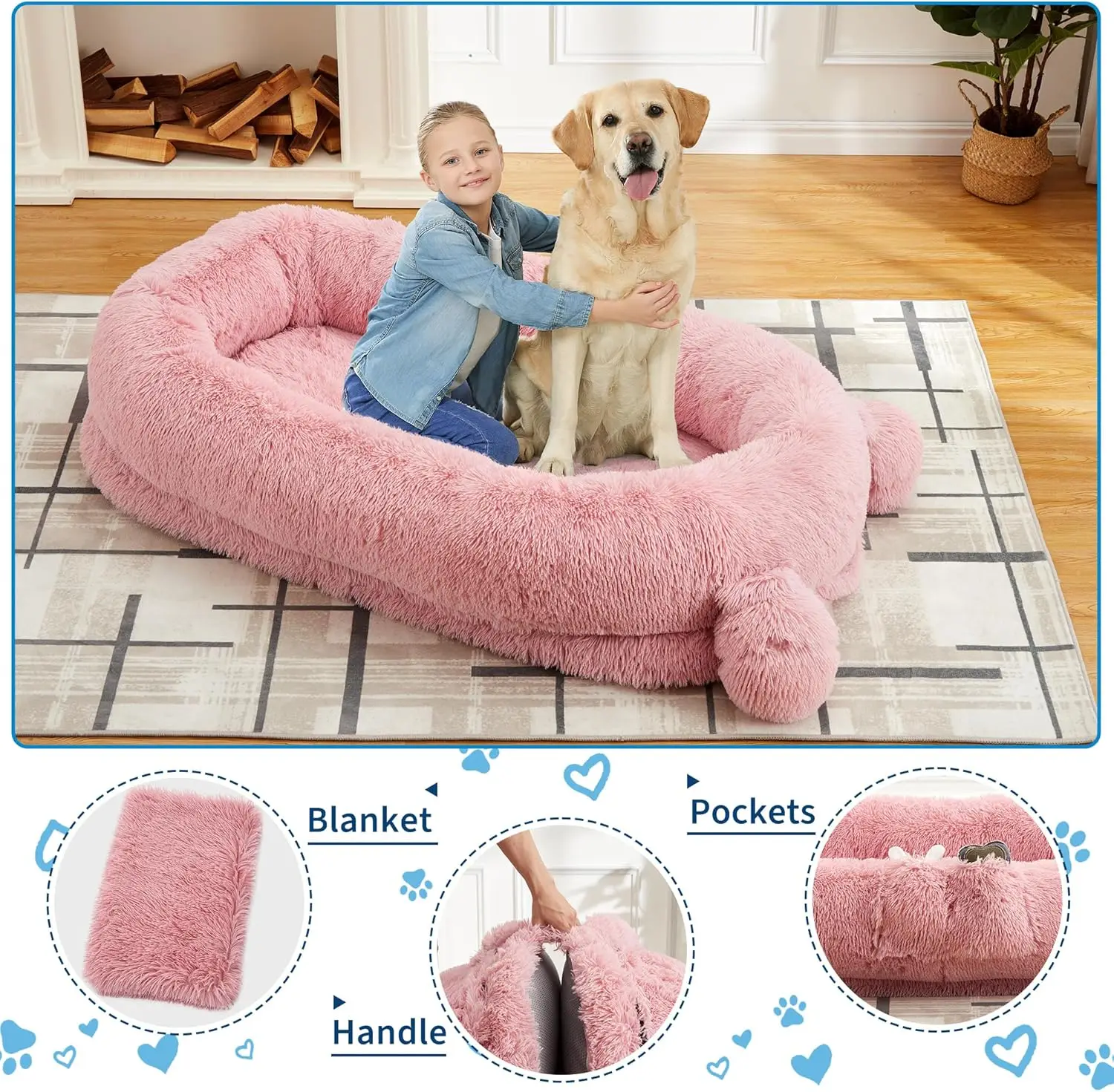 

Garvee 72x44 Inch Human Size Dog Bed for Adults & Pets, Large Orthopedic Bed with Removable Washable Faux Fur Cover, Matching Blanket 2 Storage Pockets Carry Handles High Density Foam Floor