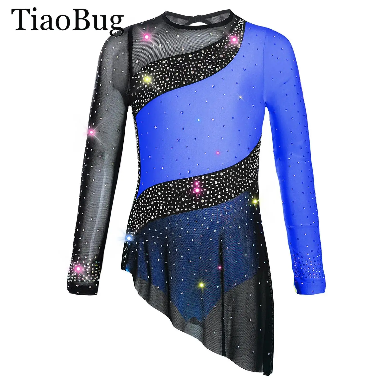 

Girls Figure Ice Skating Dress Rhythmic Gymnastics Ballet Leotard Dress Long Sleeve Sheer Mesh Rhinestone Lyrical Dance Costumes