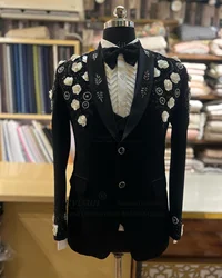 Luxury Beaded Crystals Men Suits 3D Flowers Groom Wedding Tuxedos Slim Male Prom Blazers 3 Pieces Sets terno masculinos completo