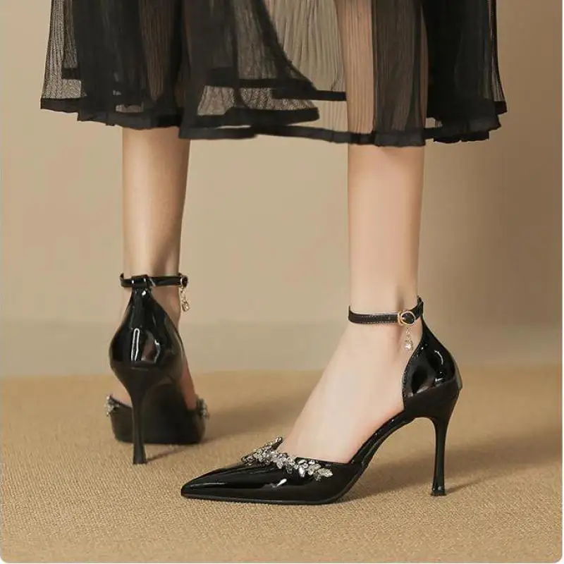 Size30-44 Nude Patent Leather Rhinestone High Heels Shoes Women Pumps Pointed Toe Thin Heel Plus/small Size Elegant Ladies Shoes