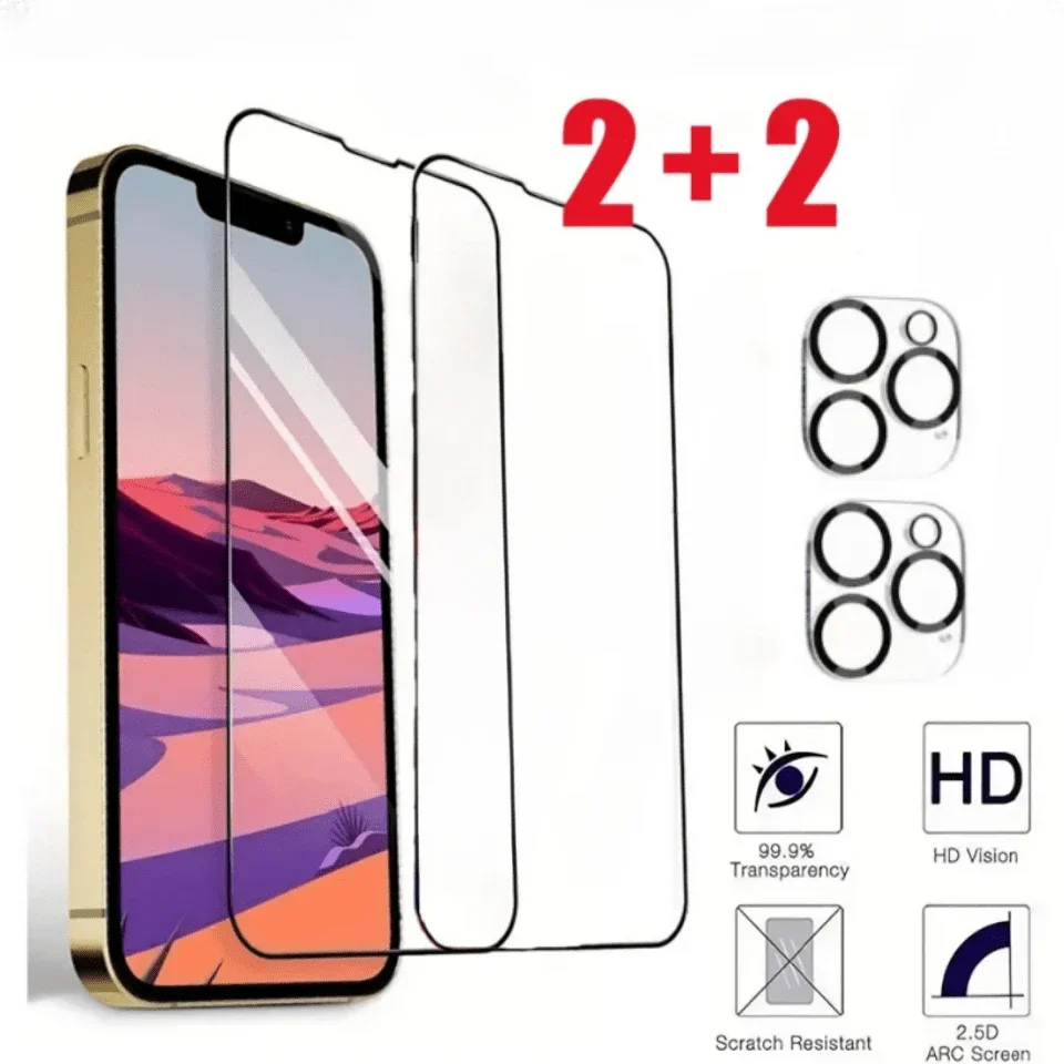

Закаленное стекло 4IN1 HD для iPhone 16 13 15 14 12 11 Pro Max 12 13 Mini 16 15 14 Plus Объектив камеры Ultra Clera Защитная пленка для экрана