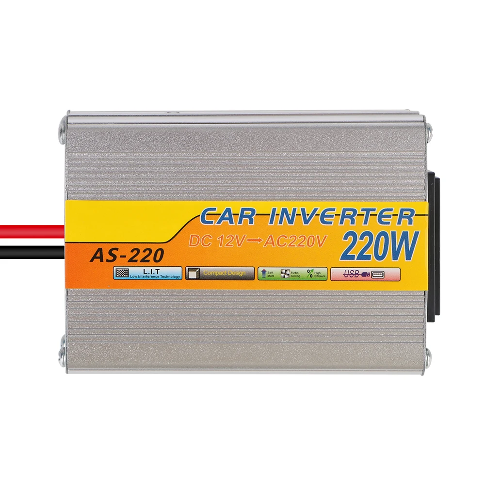 DC 12V zu AC 220V 220W Stromwandler mit USB-Anschluss, Batterieklemme, USB-Spannungstransformator, tragbarer, fahrzeugmontierter Solar-Wechselrichter – Detail 11