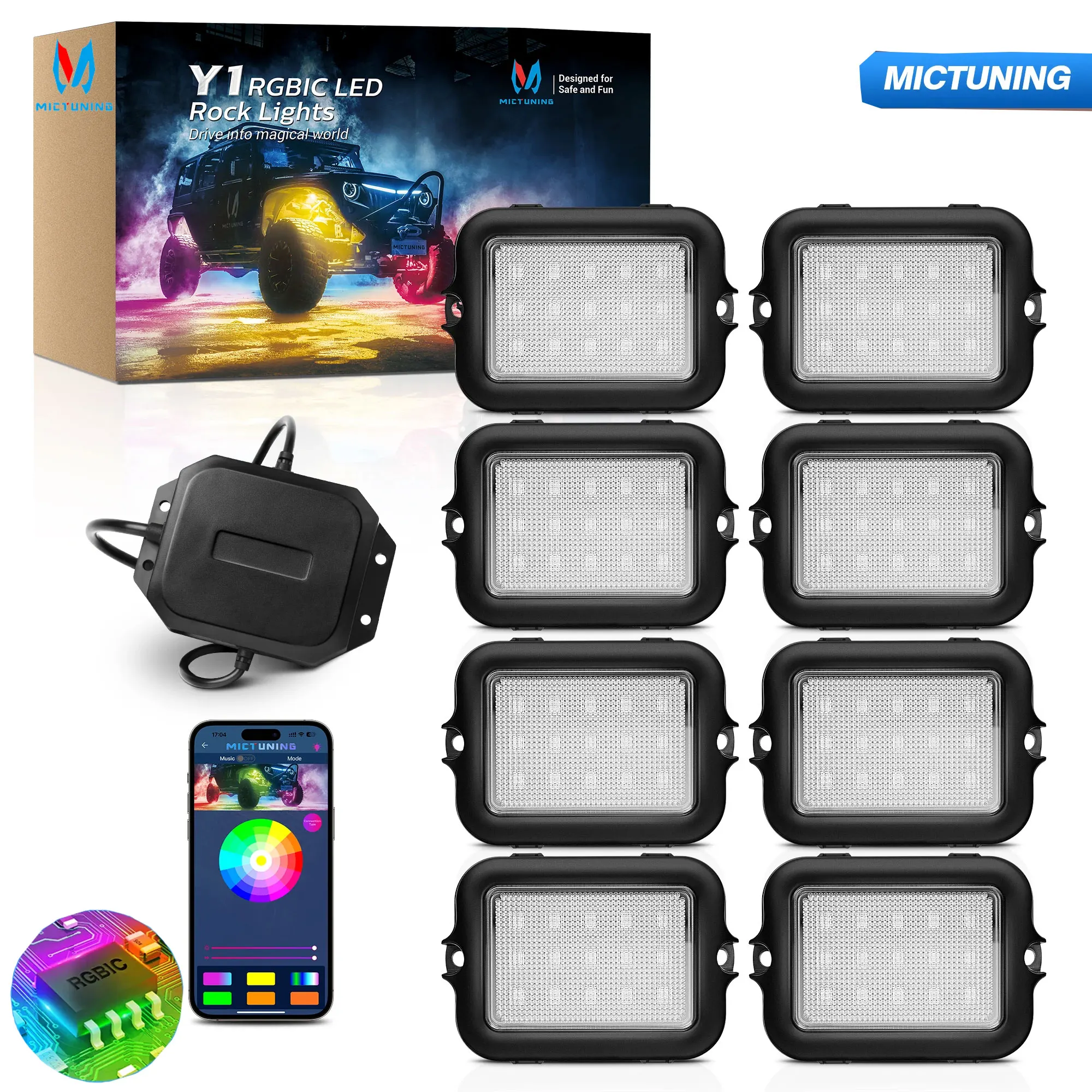 

MICTUNING 8/10Pods Y1 Extensible RGB + IC LED Rock Lights Kit Neon Underglow Lighting Kit with Wireless APP Control DIY Effect