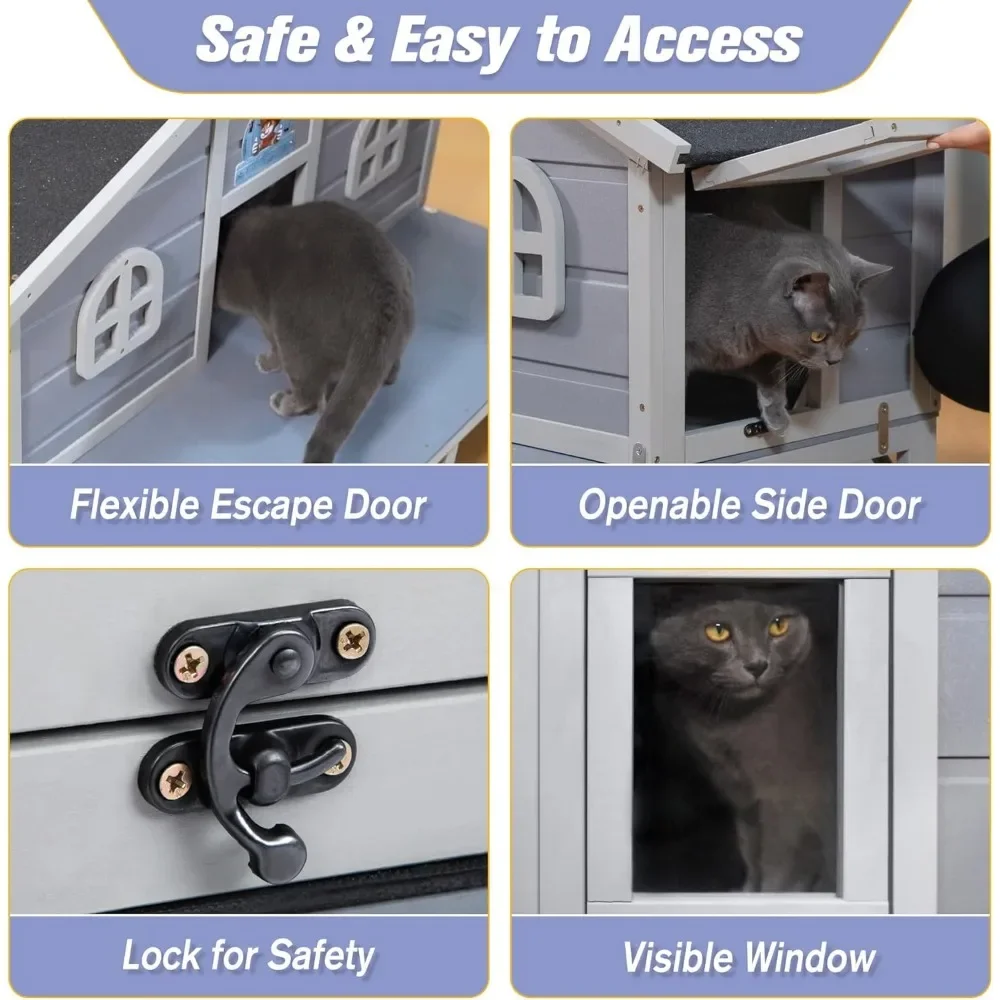 بيت قطط فيرال خارجي، مأوى قطط خشبي كبير خارجي مع شرفة، سقف منحدر مقاوم للعوامل الجوية، أرجل مرتفعة، أبواب هروب، Gre #5