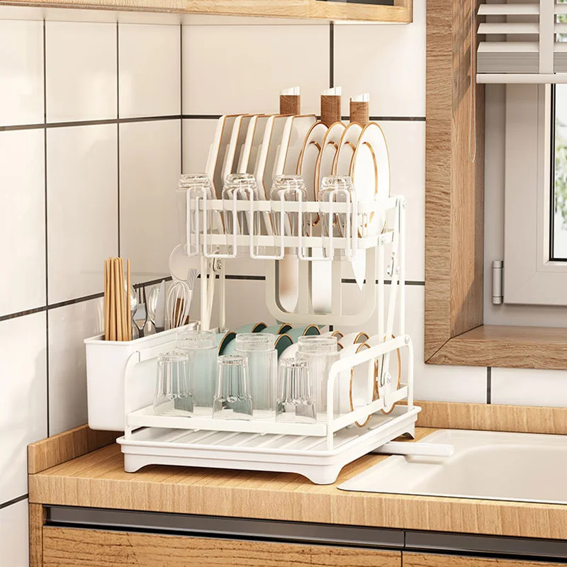 Dish Bowl Drainer Storage Rack Kitchen Double-ayer Sink Dish Drainer Drying Rack Organizer Cup Chopsticks Knife Fork Organizer