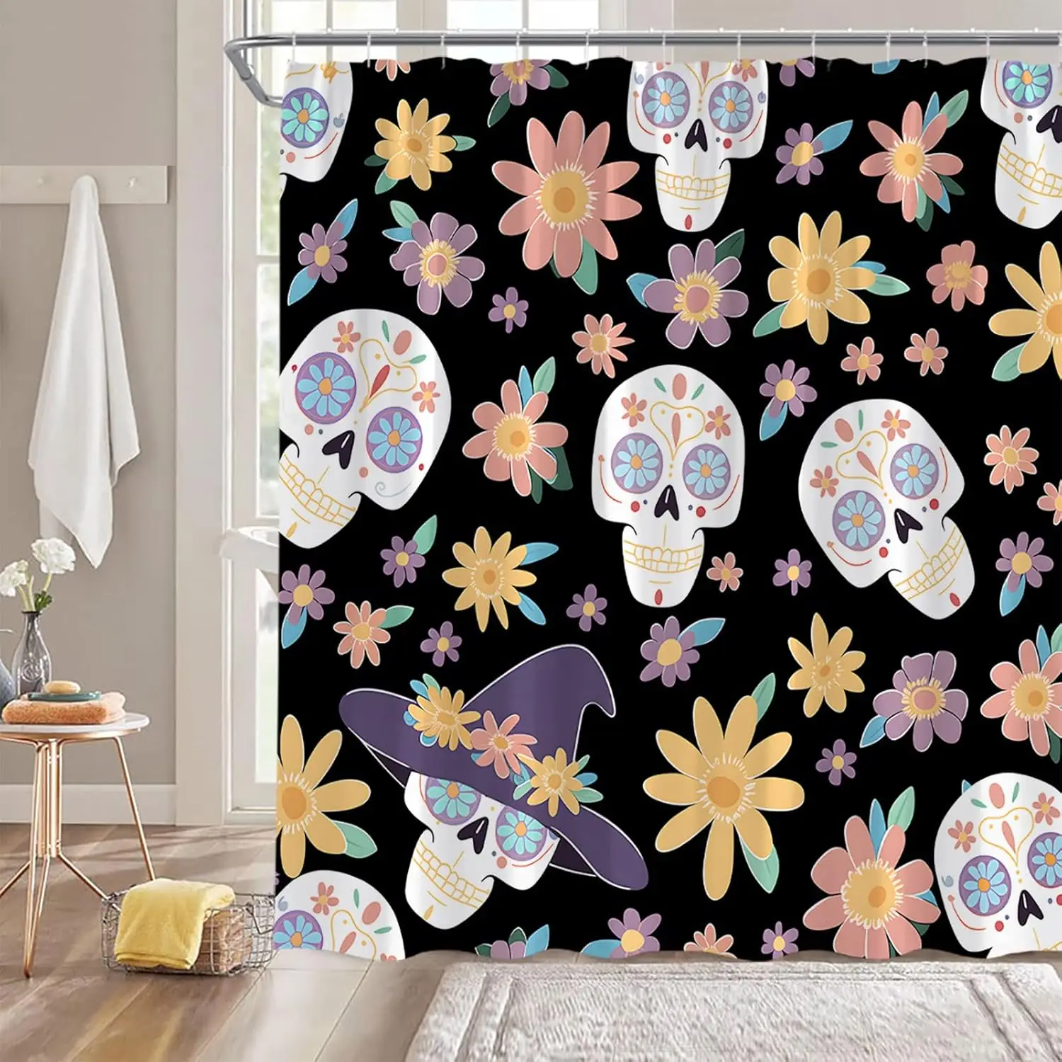 

Готическая занавеска для душа с черепом и цветочным принтом в стиле бохо, жуткий фестиваль Хэллоуина, черный, фиолетовый, желтый, домашний декор для занавески для ванной комнаты с крючками