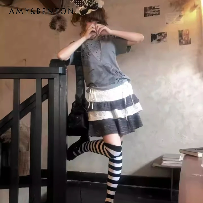 

Винтажный дизайн, серая женская футболка с капюшоном и коротким рукавом в стиле панк, летние новые футболки для похудения Y2K для девочек