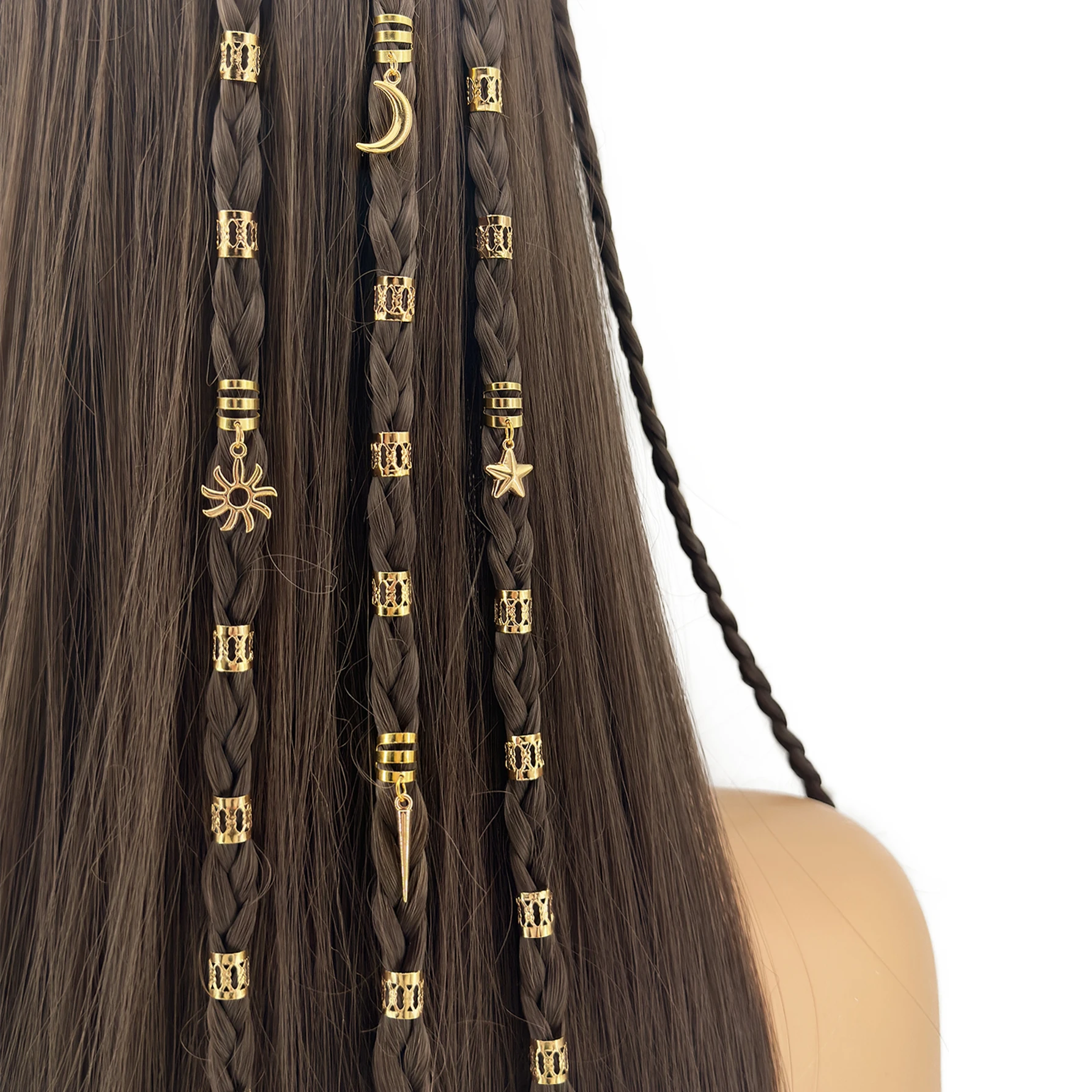 44pcs Stars Moon Sun Combination Fashion metal cutout Dreadlock Hair Rings DreadLocks suitable for women holiday dress up