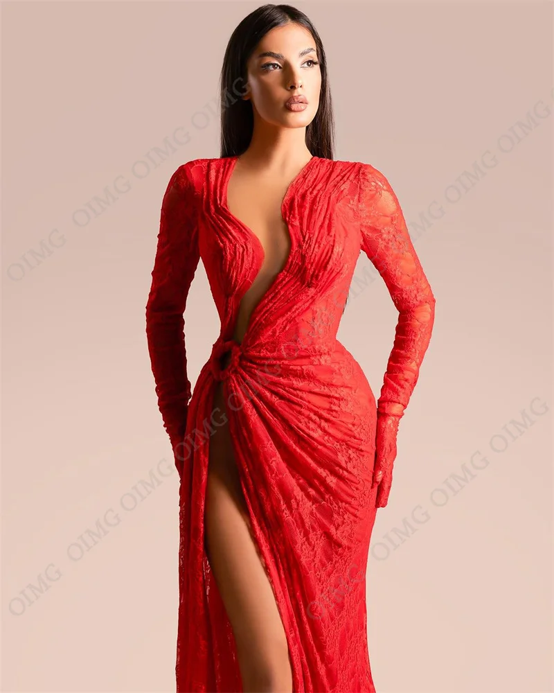 OIMG Sexy Red Lace Evening Dresses Sweetheart Neck Long Sleeves Illusion Prom Gowns Floor Length High Slit Mermaid فساتين السهرة