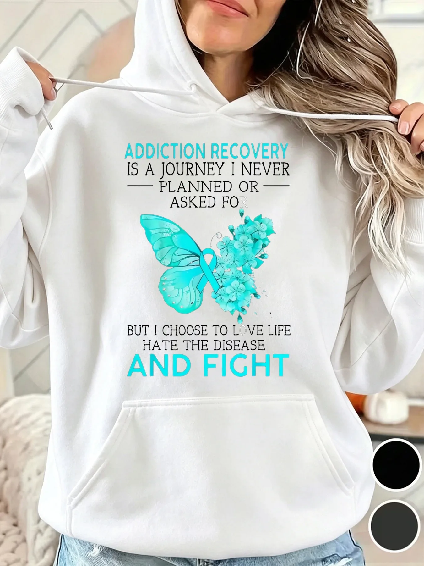 Addiction Inspirational Quote Hoodie - Black with Turquoise Butterfly Sobriety Design Unisex Comfortable Pullover Hoodie Kangaroo Pouch Hoodie for Women And Men Addiction Unisex Autumn Winter Hoodie