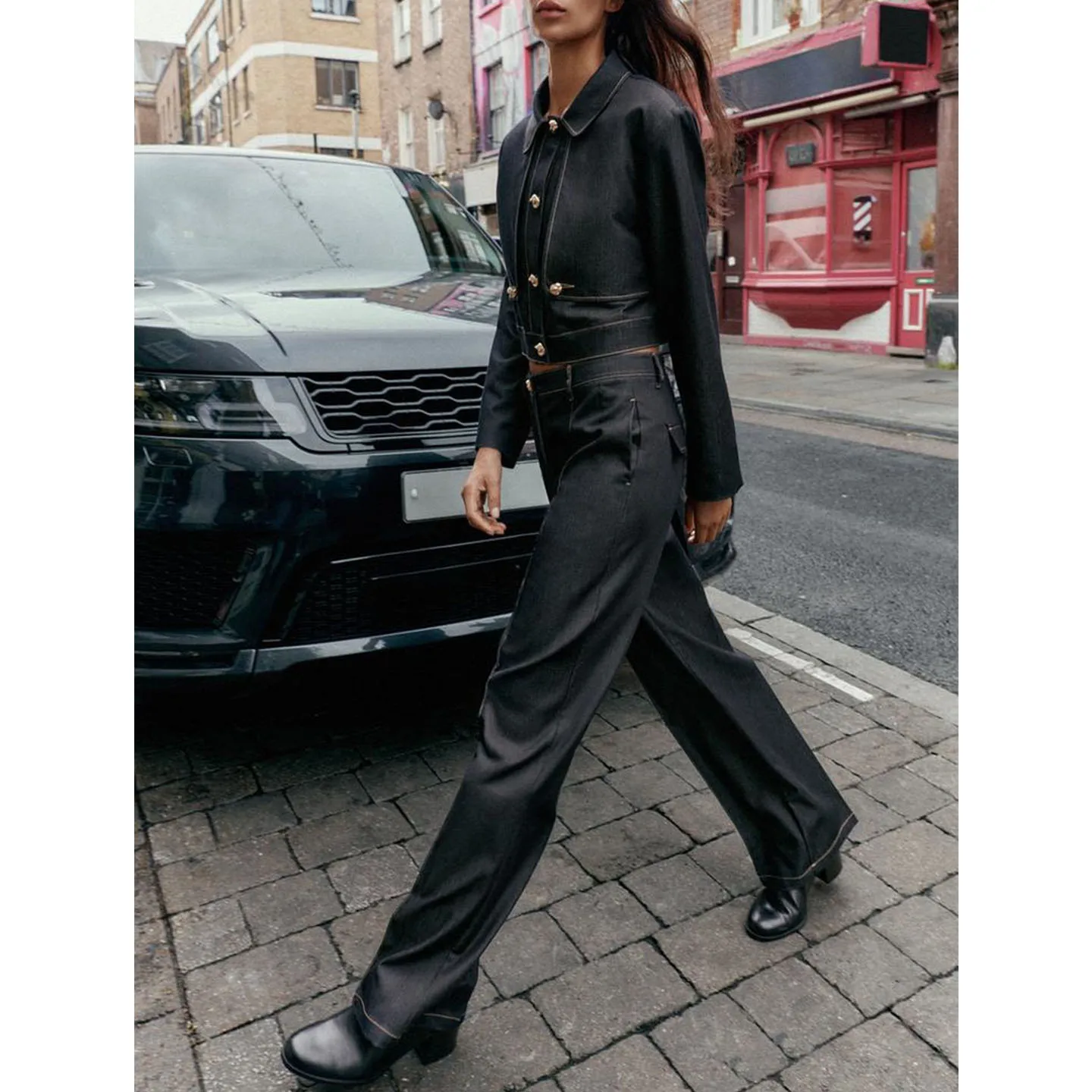 Pantaloni a vita alta con colletto lungo Sve ort Jaet Color Blo Button Double Front Gonna Pantaloni casual da donna in fibra di poliestere Sle