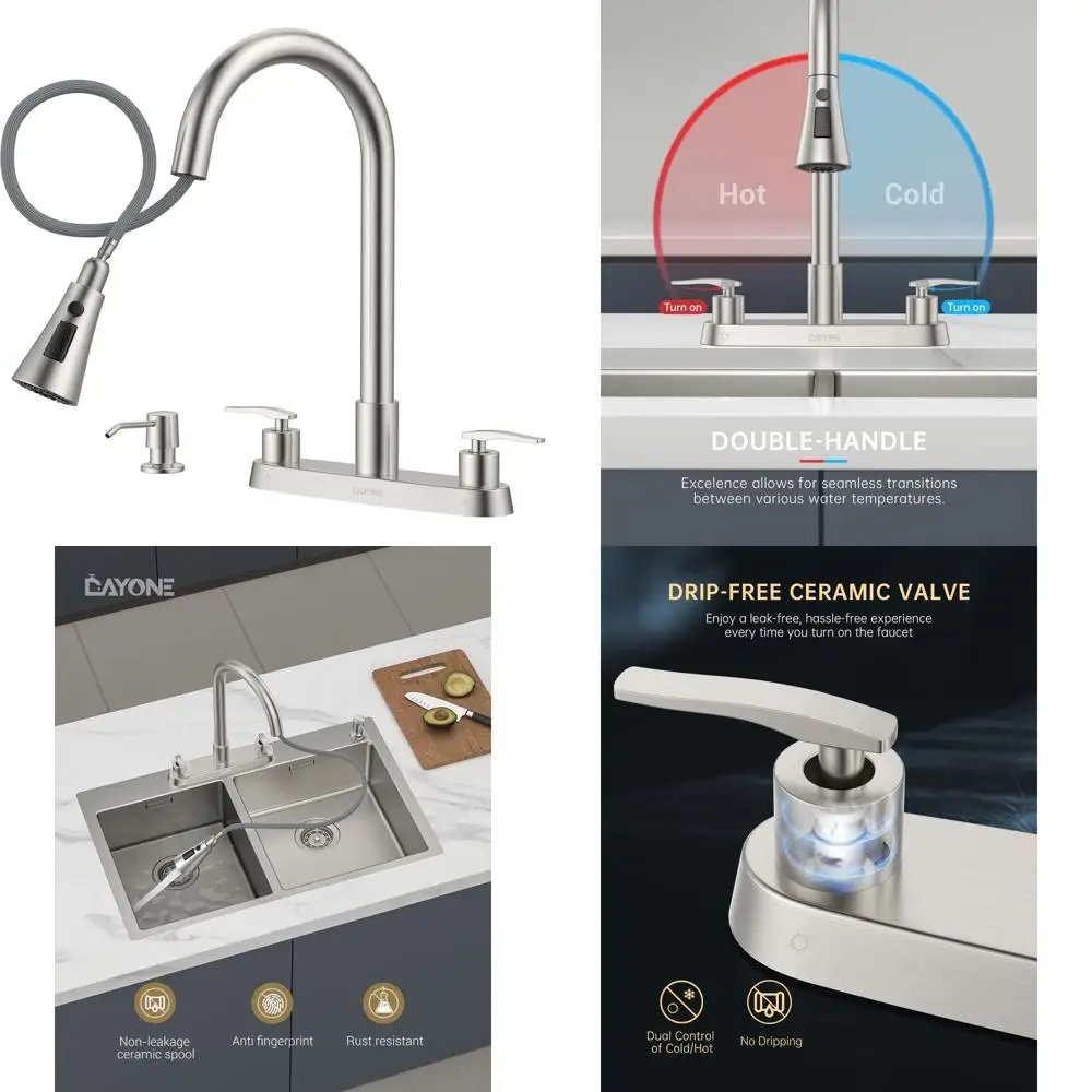 

Кухонный смеситель с двумя ручками и выдвижным распылителем, креплением на 4 отверстия и дозатором для мыла, из нержавеющей стали или матового никеля