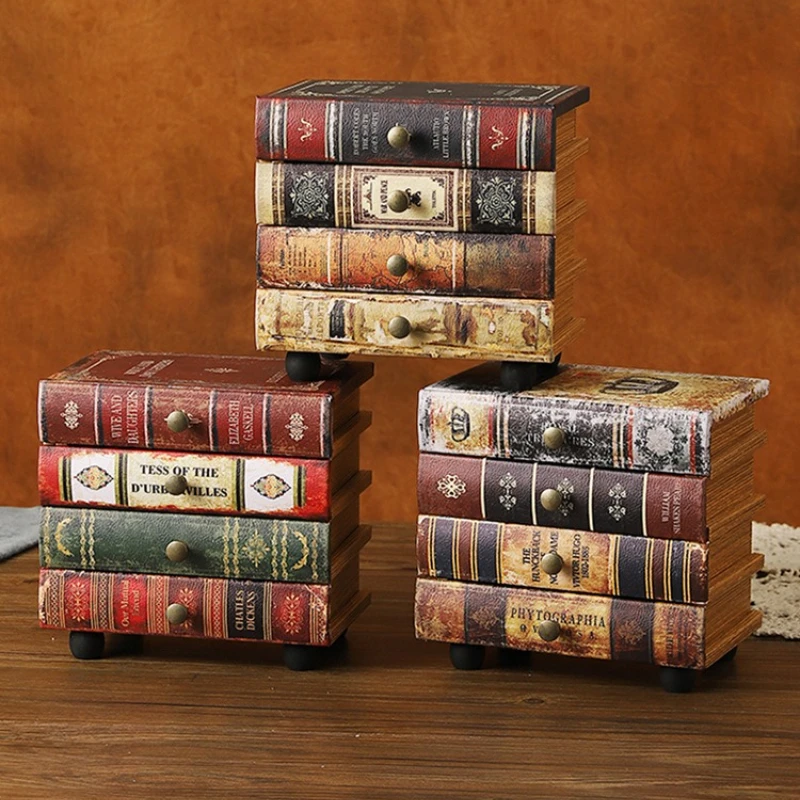 European Style Simulation Book Four Grid Wooden Leather Drawer Cabinet Multifunctional Fake Book Decoration Desktop Storage Box