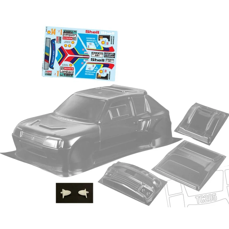 

1/10 Peugeott 205 T16 Clear Body shell W/Rear spoiler + Light Buckles and Mirrors + decals for RC Rally car Tamiya tt02 tt01