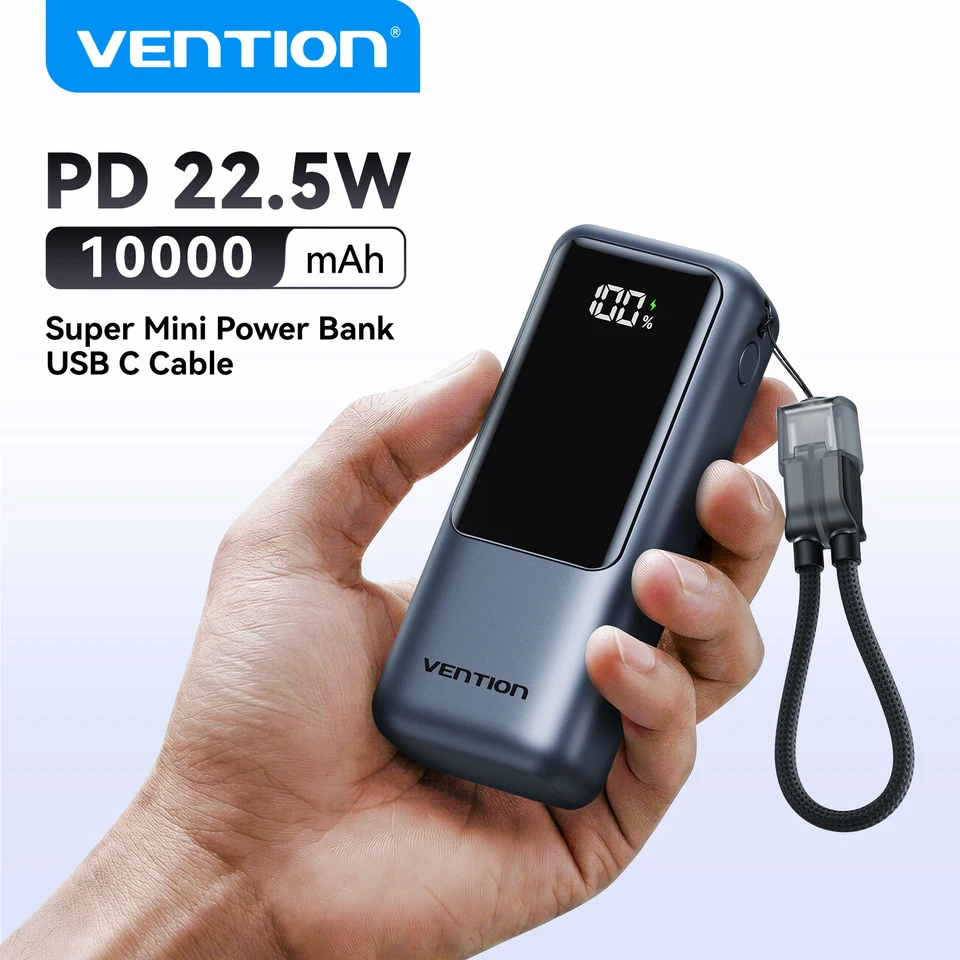 Vention 10000mAh Mini Power Bank 22.5w Portable Charger Built-in USB C Cable PD 3.0 Fast Charging for iPhone 17 Samsung S25 S24 썸네일 7