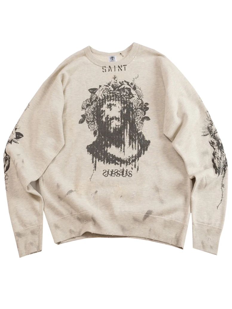 

Винтажный свитшот с круглым вырезом и принтом граффити-портрета, свободный крой, хлопок, повседневная уличная одежда для молодежи, осенний сезон