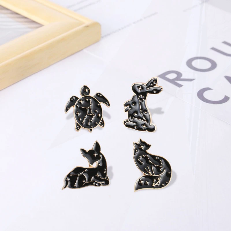 Deer Bag Pin Lapel Badge Cartoon Jewelry Gift for Kids Friends Black Constellation Animal Enamel Brooch Rabbit Fox Turtle