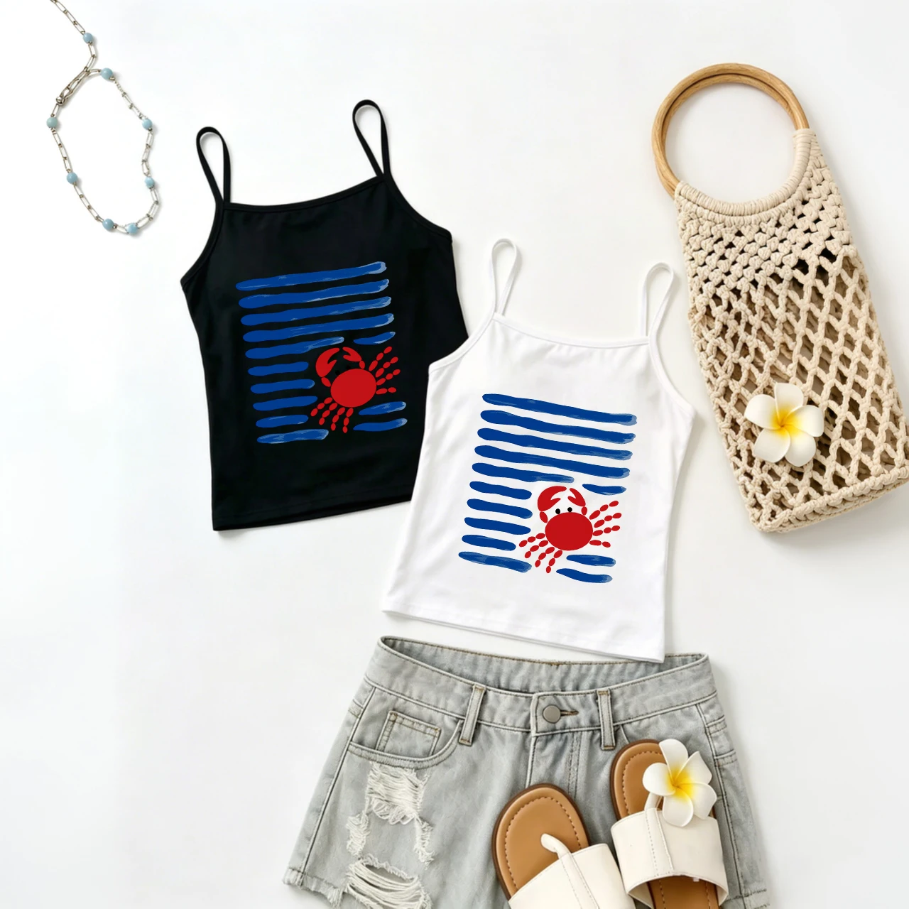 Crab Graphic Tank Top Cute Seafood Art Cami Y2K Aesthetic Harajuku Streetwear Slim Fit Crop Top Sexy Vest For Women