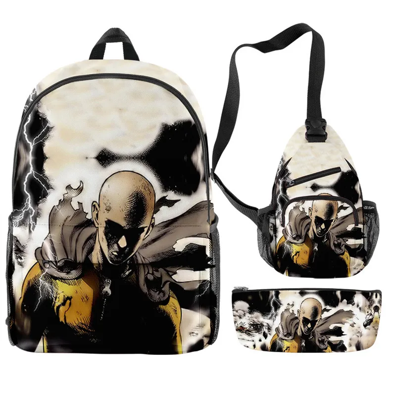 Trendy Youthful Anime One Punch Man Saitama Oppai 3pcs/Set Backpack 3D Bookbag Laptop Daypack Backpacks Chest Bags Pencil Case