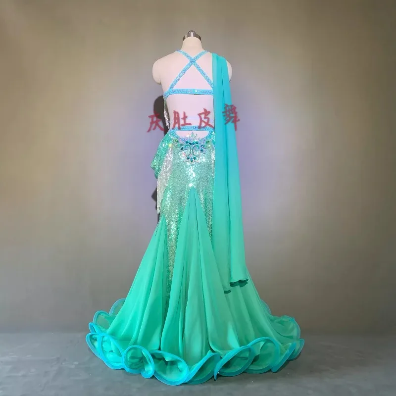 Costume de spectacle de danse du ventre personnalisé, taille haute, queue de poisson menthe, grande jupe, Costume de danse orientale, soutien-gorge de danse du ventre pour femmes