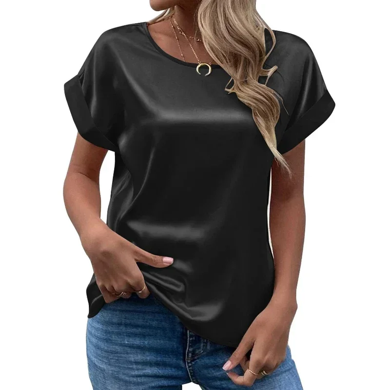 Office Lady Short Sleeve Satin Blouse Loose Casual Round Neck Solid Shirts Fashion 2024 Summer Elegant Tops Women Clothing 25084