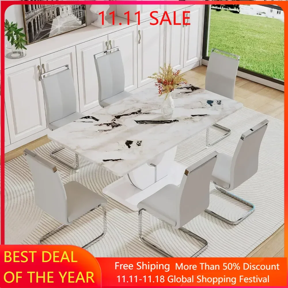 Modern Dining Table Set for 6, Kitchen Table Set with Faux Marble Tabletop＆6 Pu Leather Chairs Ideal for Dining Room, Kitchen