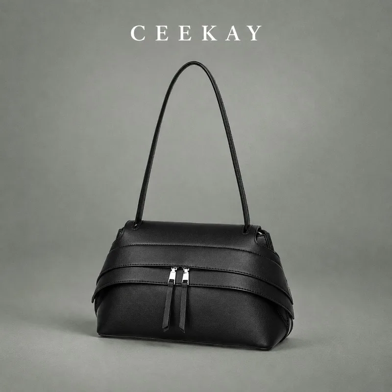 CEEKAY Leather Shoulder Bag Top Handle Zipper Metal Detail Hardware Versatile Everyday Commute Casual Large Capacity Purse